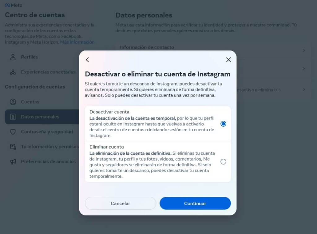 como eliminar una cuenta de instagram
