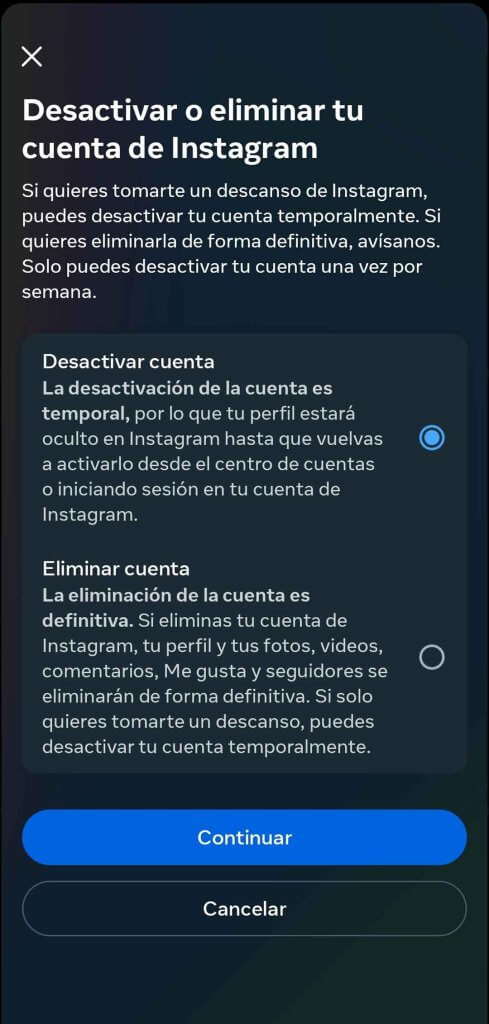 como eliminar una cuenta de Instagram