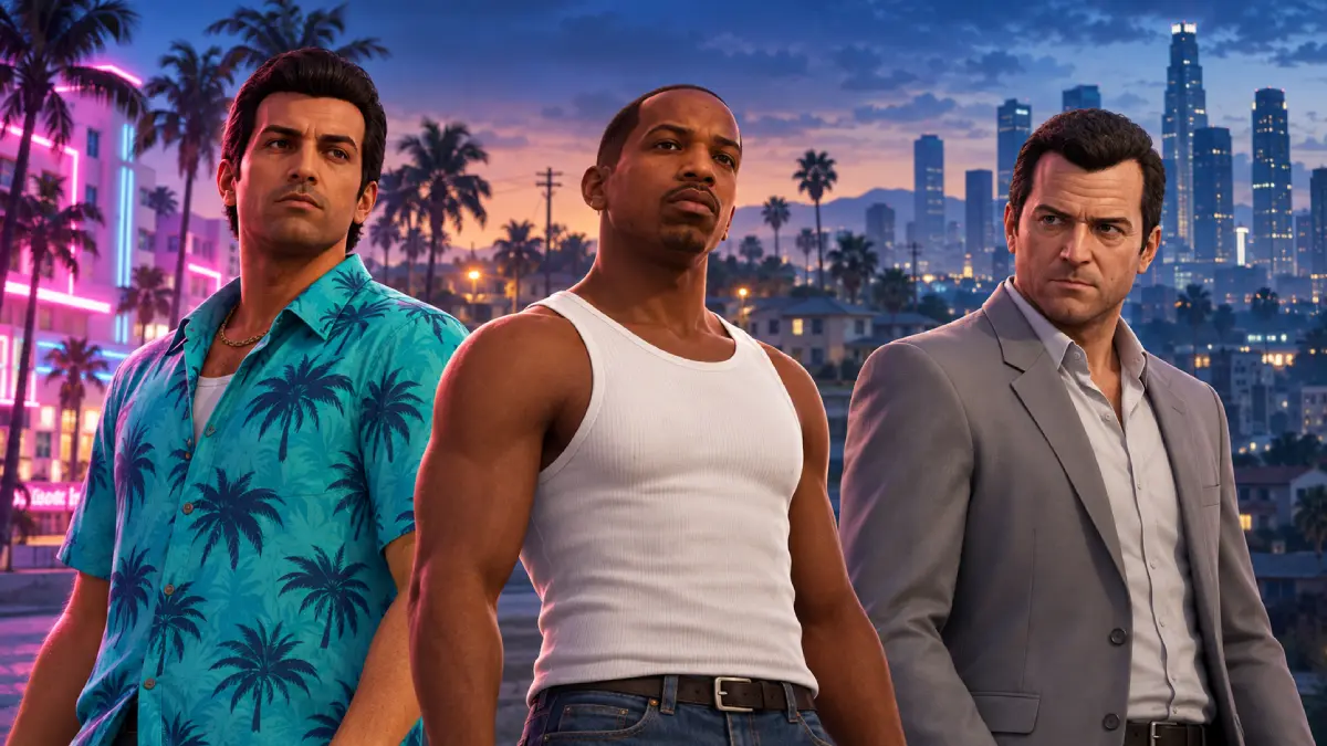 Tommy Vercetti, CJ y Michael De Santa frente a escenarios inspirados en Vice City y Los Santos