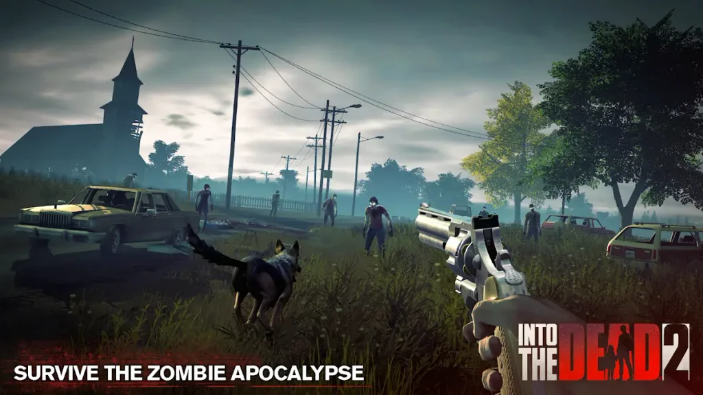 Revólver, perro acompañante y zombies en un escenario rural de Into the Dead 2