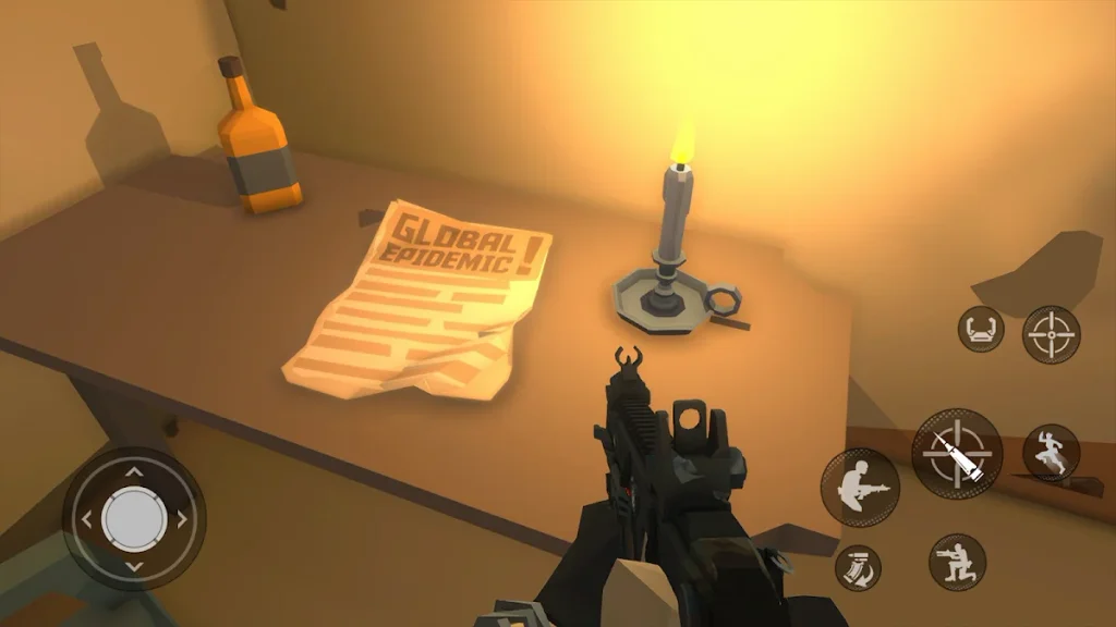 Vista en primera persona con un fusil y controles táctiles en The Walking Zombie 2
