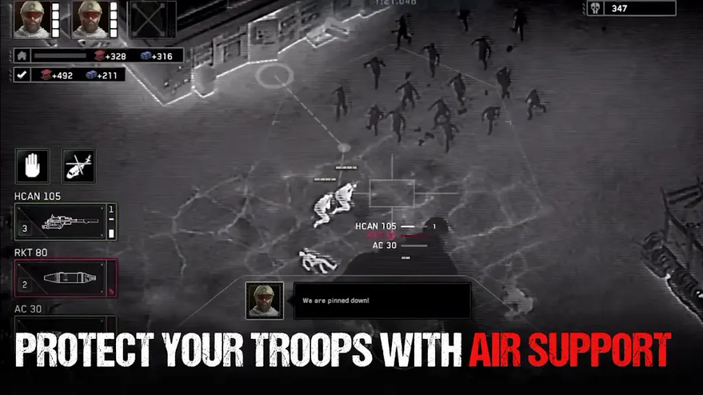 Vista térmica aérea con tropas terrestres y zombies en Zombie Gunship Survival